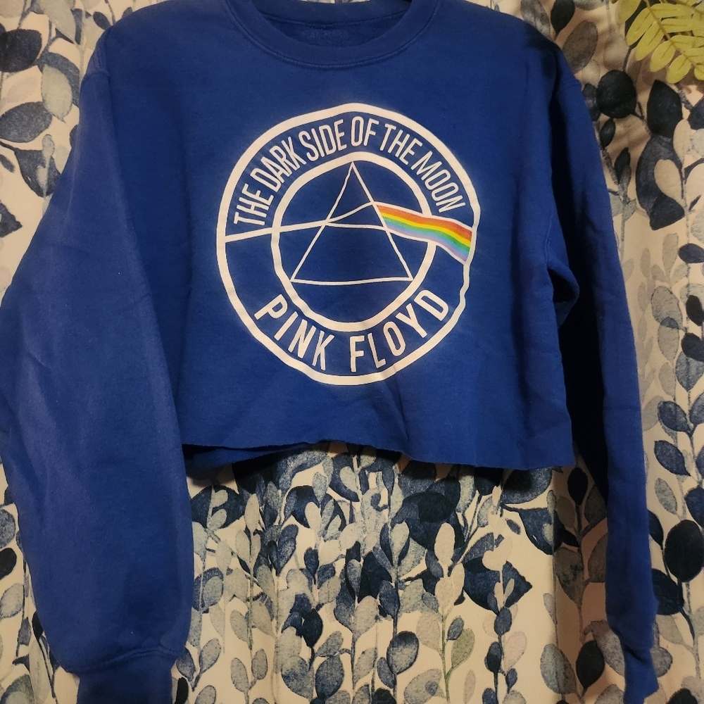 Pink Floyd Dark Side of the Moon Cropped Sweatshirt Blue Graphic Raw Hem Small